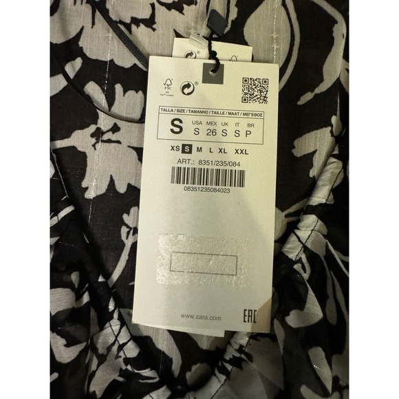 NWT Zara Floral Print Mini Dress with Ruffles in Black/White Monochrome Women S - Picture 8 of 11